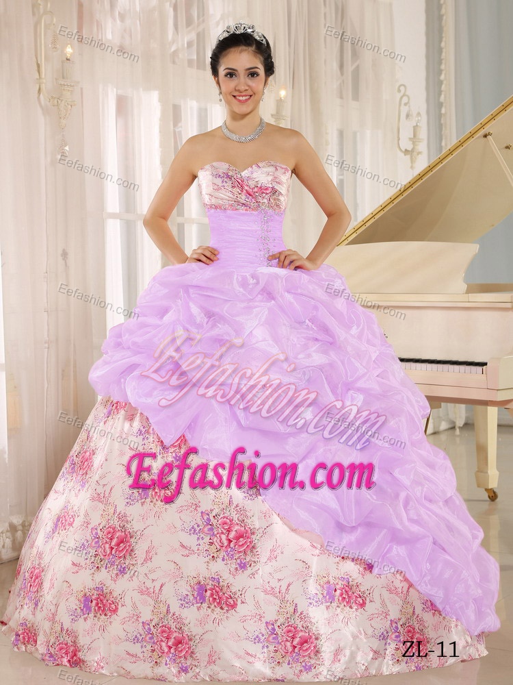 Sweetheart Print Multi-colored Sweet 16 Quinceanera Dress with Pick-ups