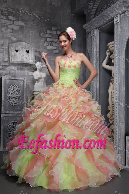 New Style Floral Embellishments Multi-colored Quinceanera Dress with Ruffles