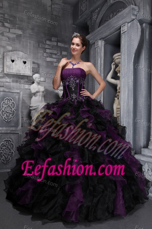 Strapless Ball Gown Black and Purple Ruffled Quinceanera Dress Appliqued