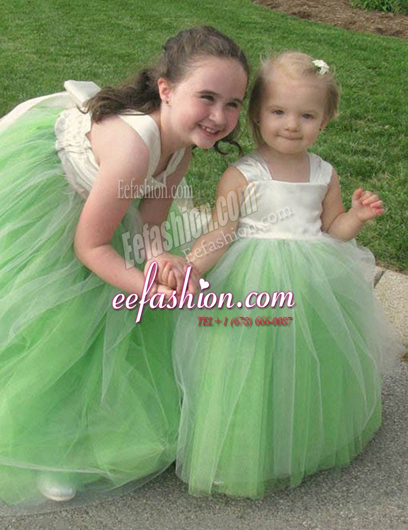  A-line Bowknot Toddler Flower Girl Dress Lace Up Tulle Sleeveless Floor Length