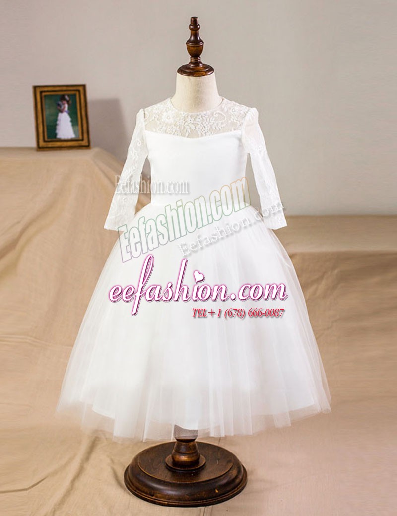 Customized Scoop Lace Toddler Flower Girl Dress White Clasp Handle Half Sleeves Floor Length