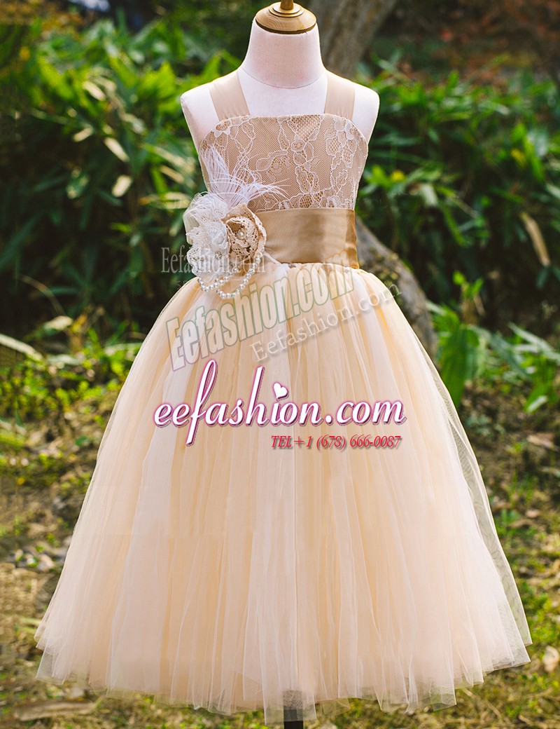  Champagne A-line Straps Sleeveless Tulle Floor Length Lace Up Lace Toddler Flower Girl Dress