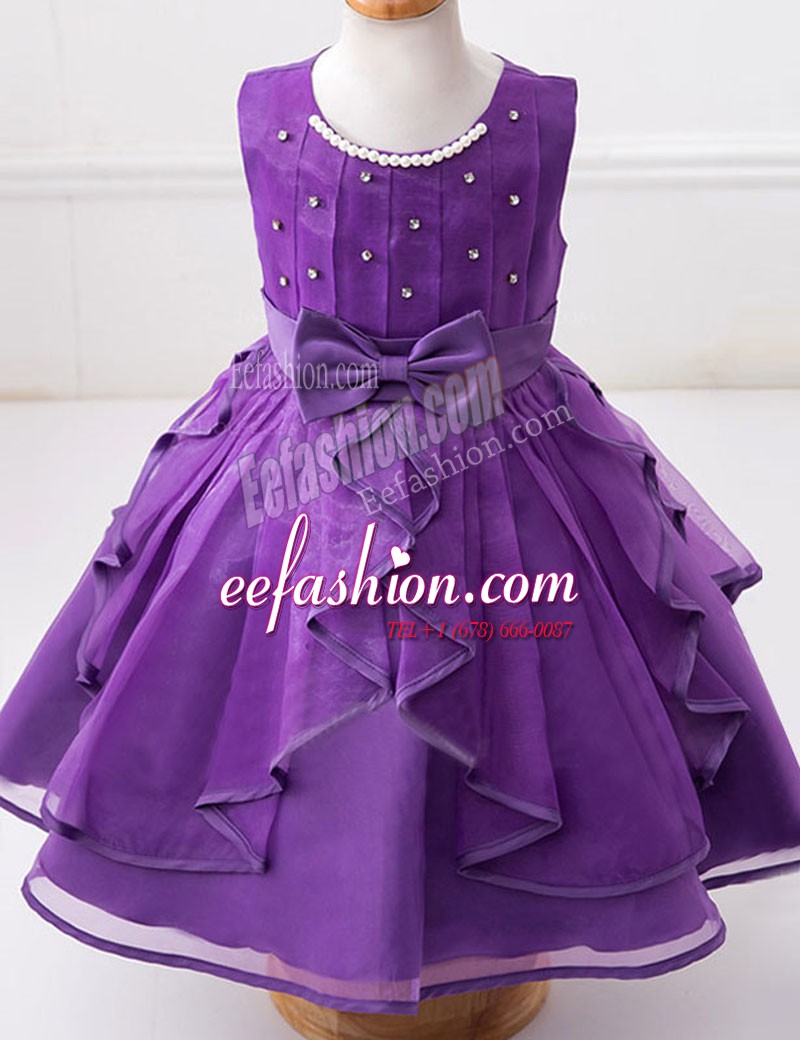 Deluxe Organza Scoop Sleeveless Zipper Beading and Ruffles and Bowknot Flower Girl Dresses in Eggplant Purple