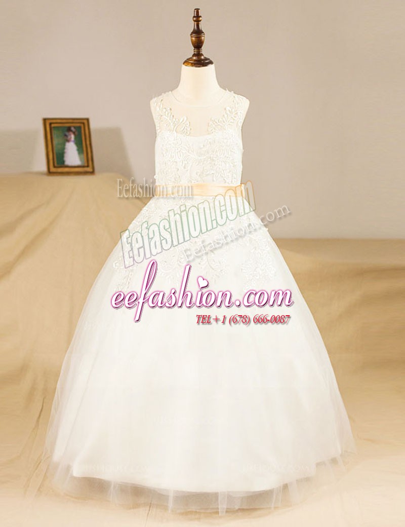 Great Scoop Lace and Sashes ribbons Flower Girl Dresses White Zipper Sleeveless Floor Length