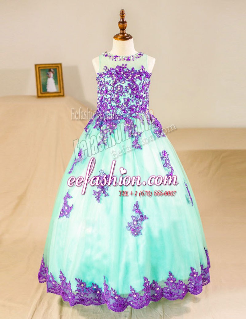 Dramatic Scoop Sleeveless Floor Length Beading and Lace and Appliques Zipper Flower Girl Dress with Turquoise