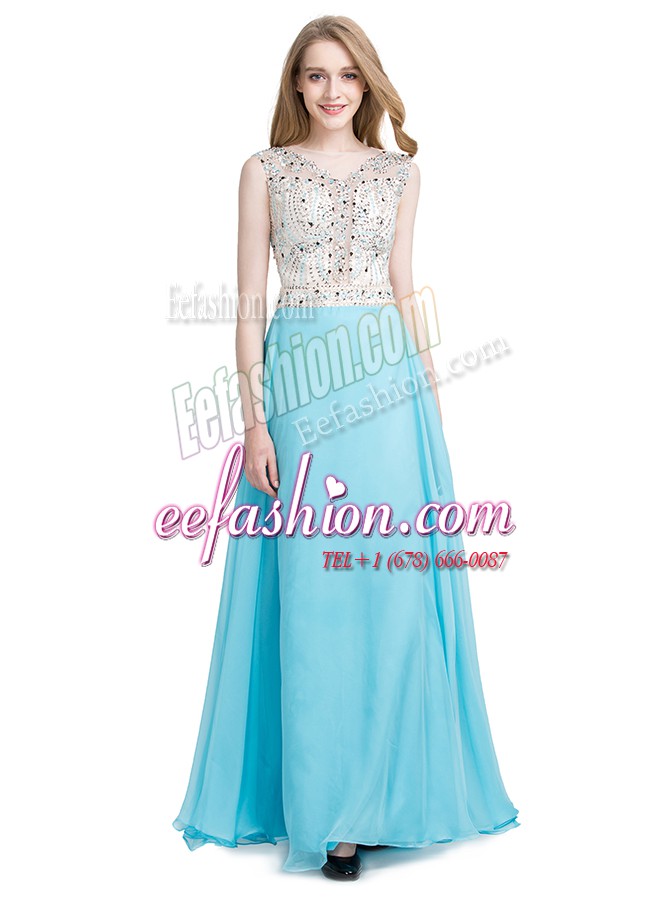 Super Scoop Aqua Blue Sleeveless Floor Length Beading Zipper Prom Party Dress