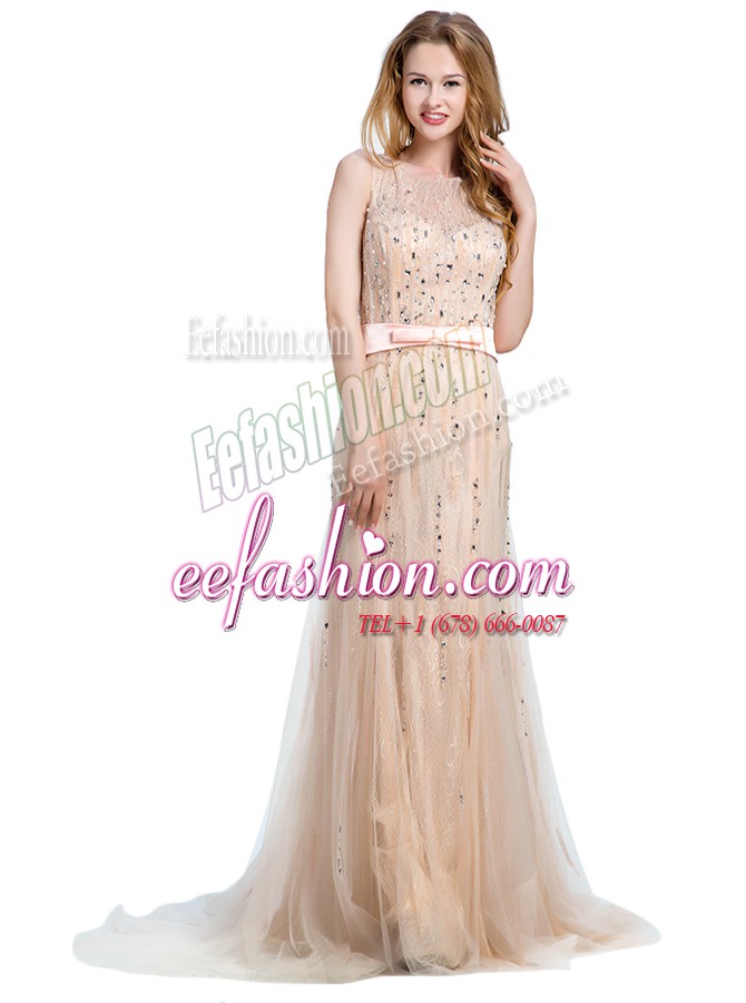  Scoop With Train Column/Sheath Sleeveless Champagne Prom Evening Gown Brush Train Backless