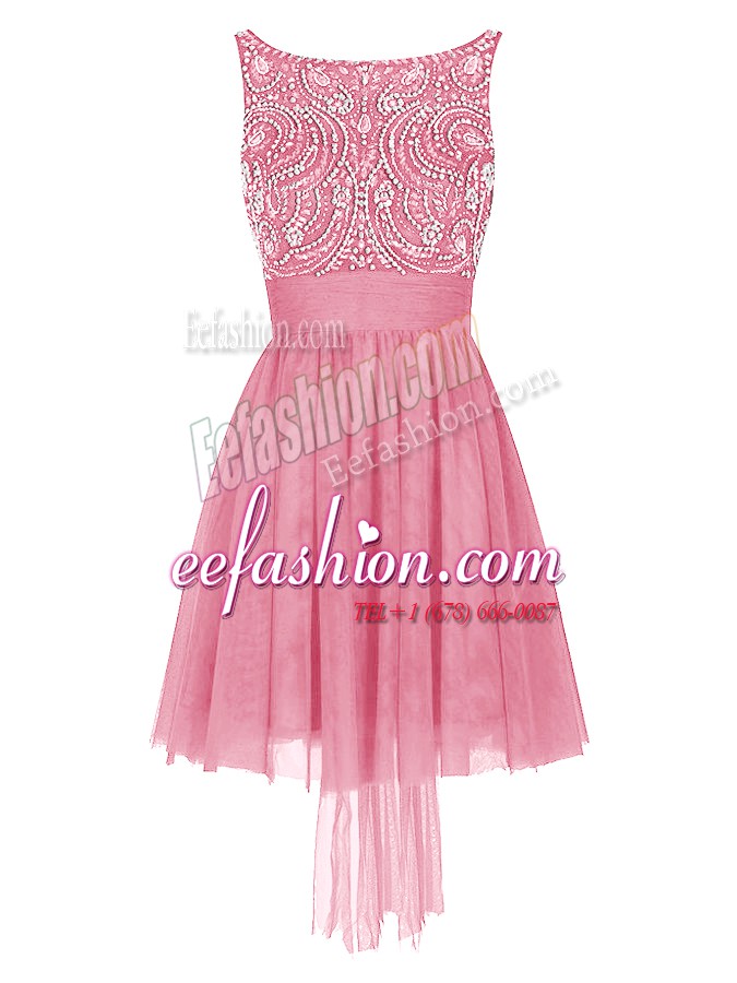 Flare Bateau Sleeveless Zipper Prom Evening Gown Pink Tulle