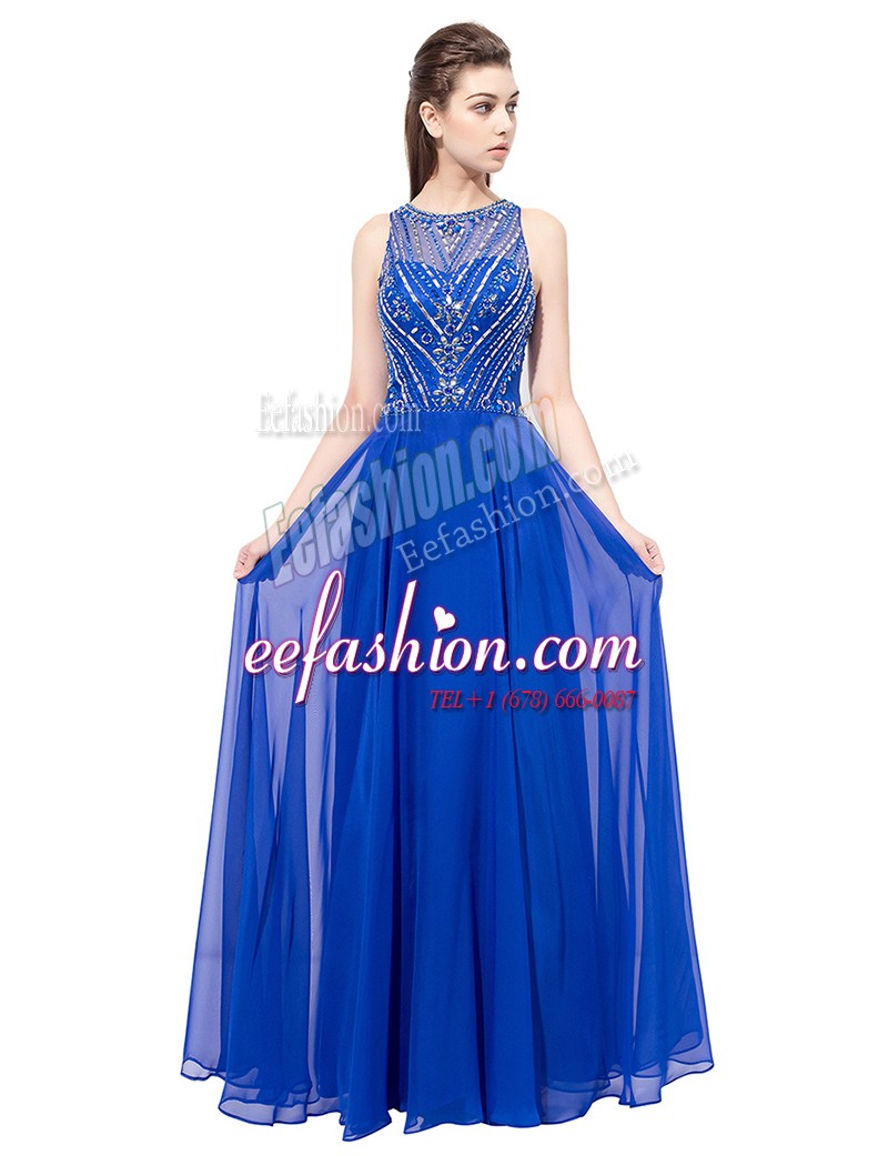  Royal Blue Chiffon Zipper Scoop Sleeveless Floor Length Dress for Prom Beading