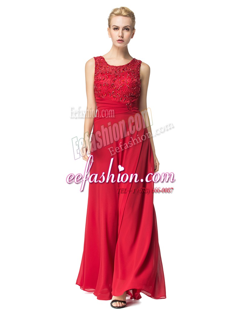  Scoop Sleeveless Chiffon Prom Gown Beading and Ruching Lace Up