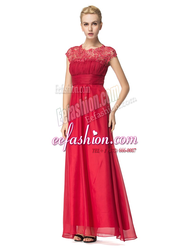  Scoop Sleeveless Prom Party Dress Floor Length Beading and Ruching Coral Red Organza