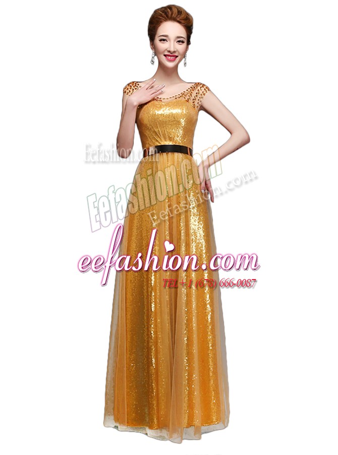 Pretty Gold Scoop Neckline Beading and Sequins and Belt Prom Evening Gown Cap Sleeves Zipper