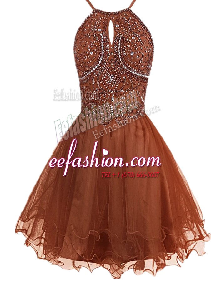 High Quality Halter Top Organza Sleeveless Mini Length Prom Gown and Beading