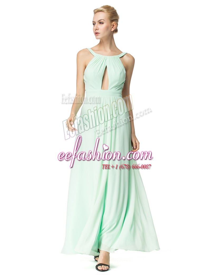  Scoop Sleeveless Chiffon Floor Length Backless Dress for Prom in Turquoise with Ruching