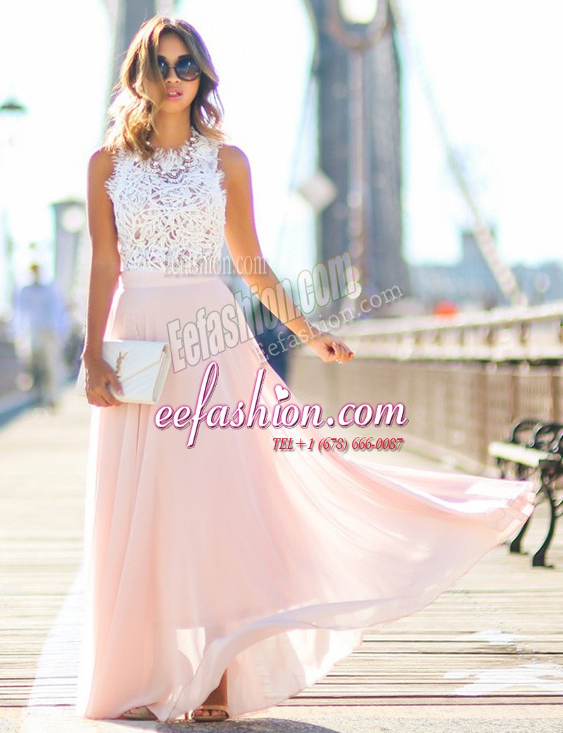 Top Selling Scalloped Sleeveless Floor Length Lace Zipper Dress for Prom with Pink