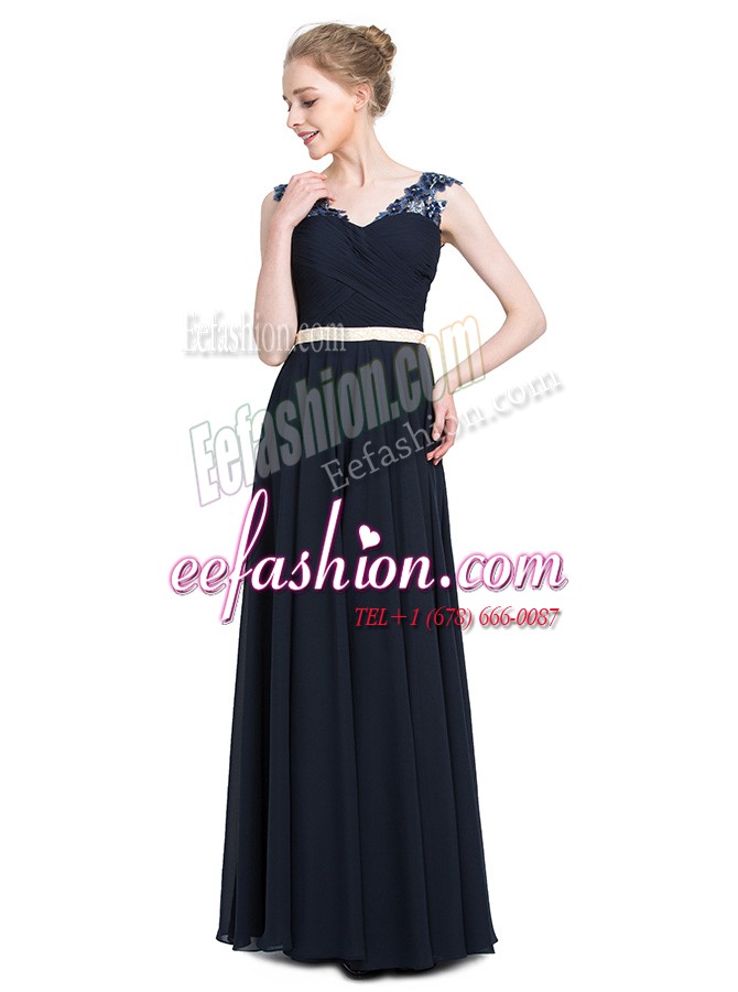  Navy Blue Prom and Party and For with Beading V-neck Sleeveless Zipper
