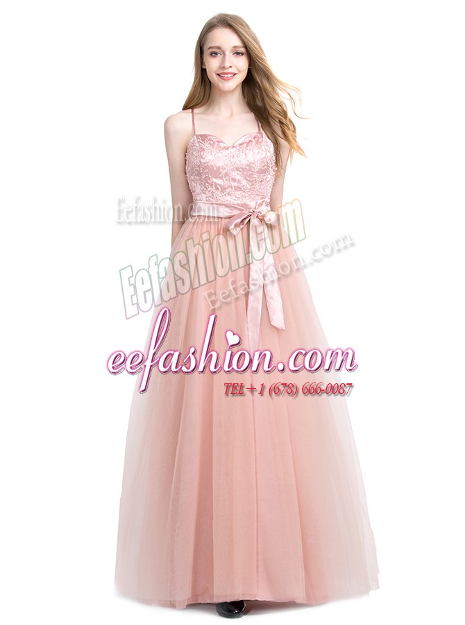 Traditional Floor Length Zipper Prom Party Dress Pink for Prom and Party with Beading