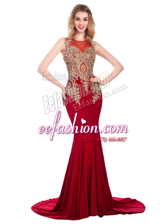Elegant Scoop Wine Red Sleeveless Elastic Woven Satin Brush Train Side Zipper Dress for Prom for Prom and Party