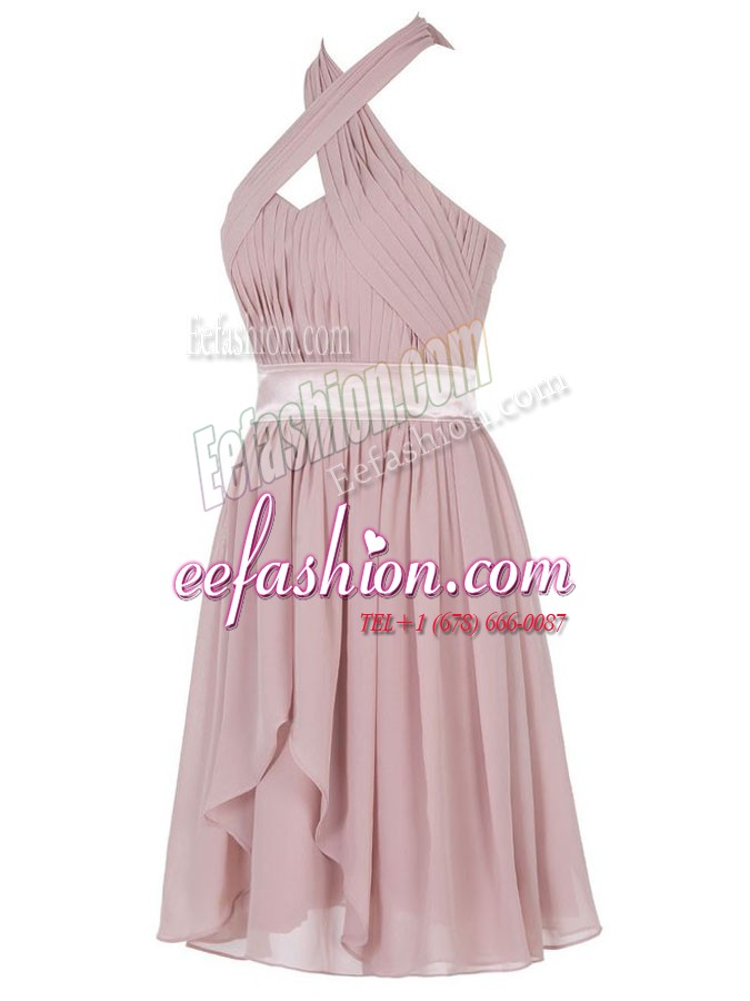  Sleeveless Mini Length Ruching Backless Dress for Prom with Pink