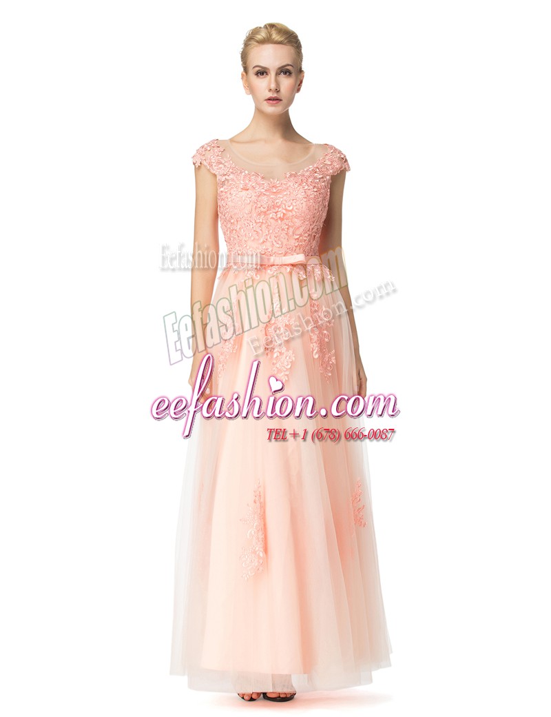  Scoop Peach Cap Sleeves Tulle Zipper Homecoming Dress for Prom and Party