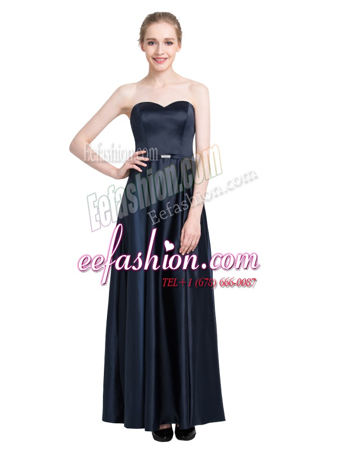 Stylish Sleeveless Satin Floor Length Zipper Prom Gown in Black with Beading