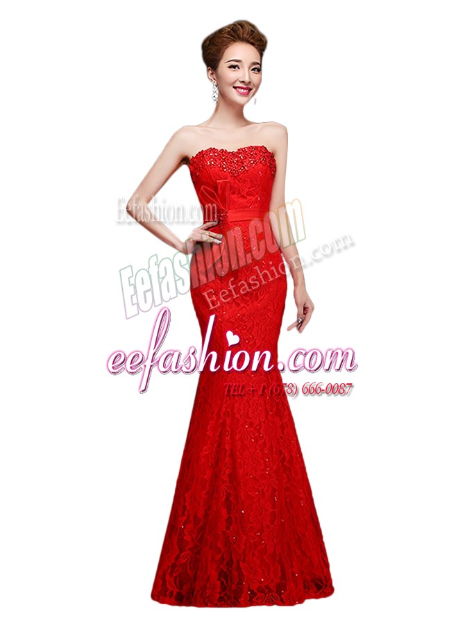 Luxurious Mermaid Lace Evening Dress Red Lace Up Sleeveless Floor Length