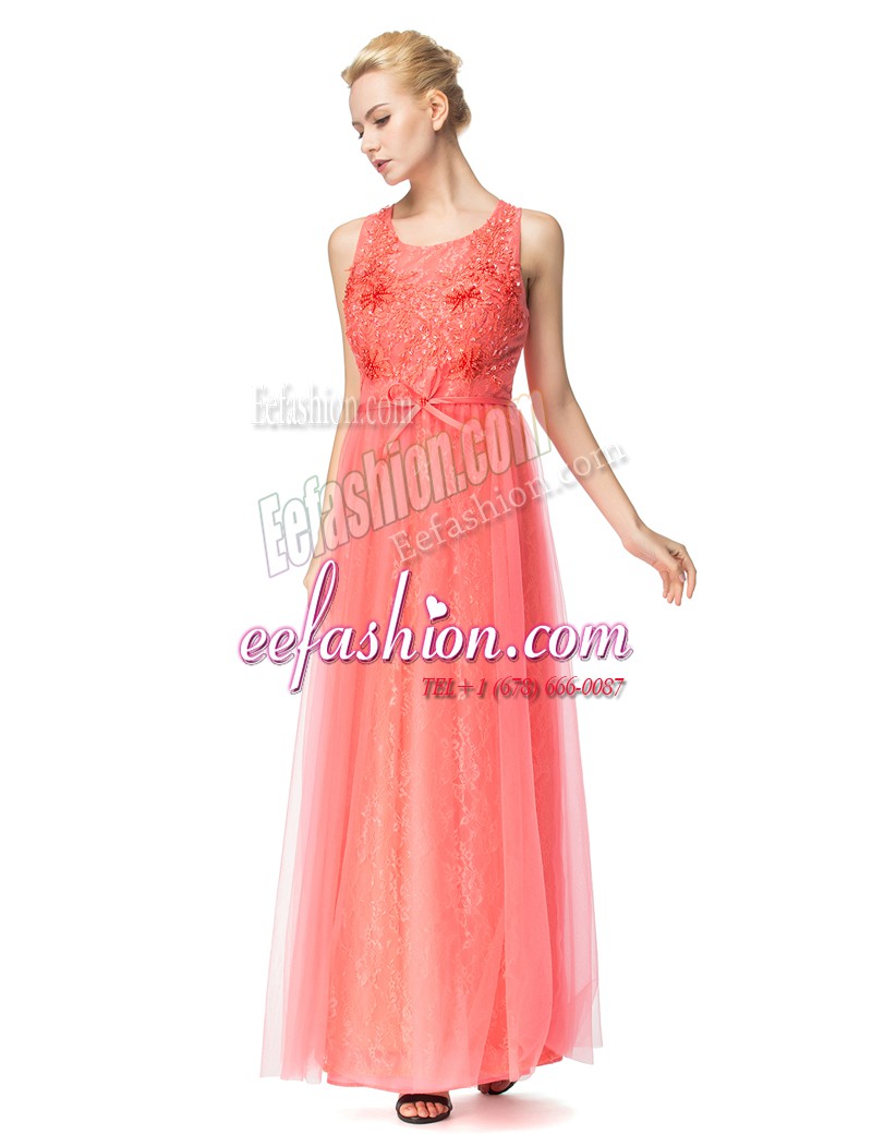 Customized Watermelon Red Scoop Zipper Beading and Bowknot Evening Party Dresses Sleeveless