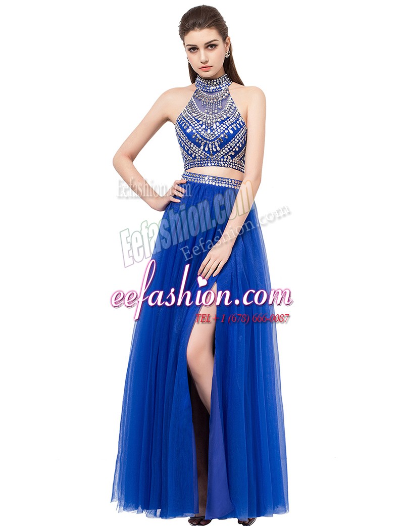 Hot Selling Floor Length Royal Blue Homecoming Dress Tulle Sleeveless Beading