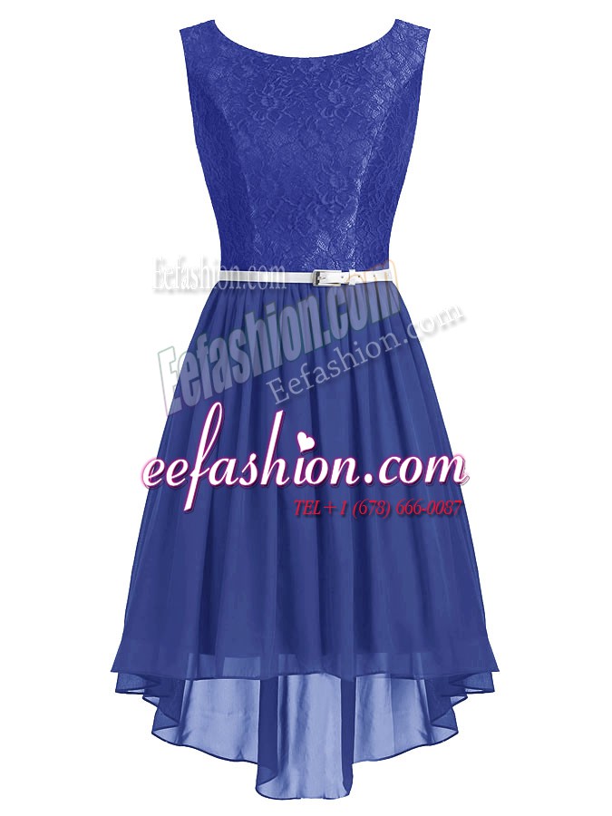 Popular Scoop Blue Chiffon Side Zipper Cocktail Dress Sleeveless High Low Lace and Belt