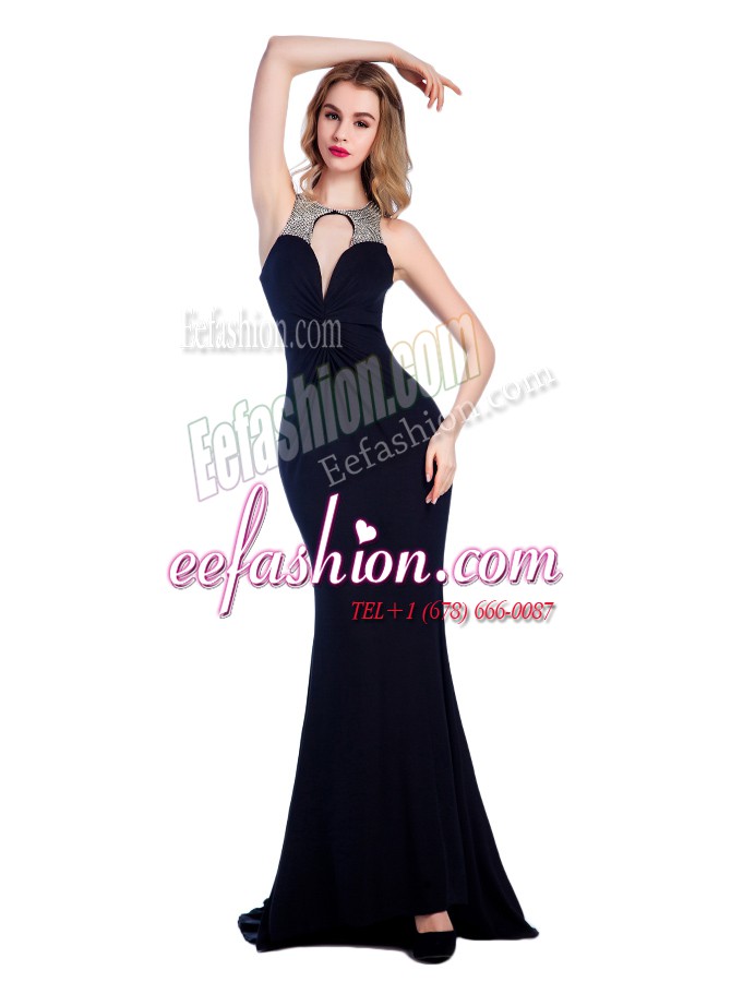  Sleeveless Silk Like Satin Floor Length Criss Cross Prom Gown in Black with Beading