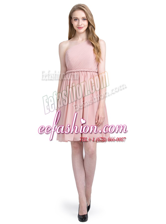  One Shoulder Pink Sleeveless Knee Length Ruching Side Zipper Club Wear