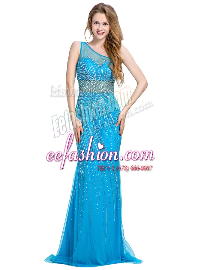 Attractive One Shoulder Baby Blue Zipper Prom Gown Beading Sleeveless With Brush Train