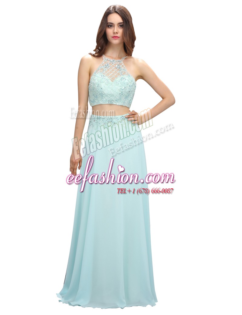 Vintage Scoop Sleeveless Chiffon Floor Length Zipper Homecoming Dress in Light Blue with Beading