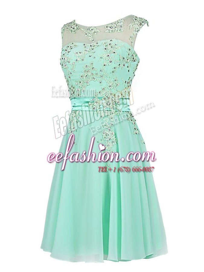 Unique Turquoise Dress for Prom Prom and Party and For with Beading and Appliques Scoop Sleeveless Zipper