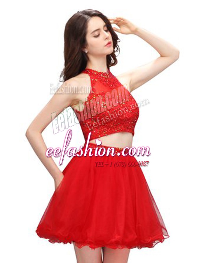 Admirable High-neck Sleeveless Zipper Prom Dress Coral Red Organza