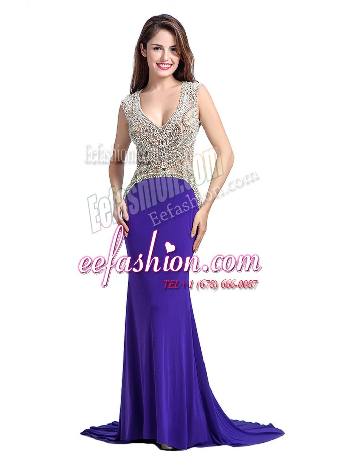 Affordable Purple Sleeveless With Train Beading Backless Prom Dresses