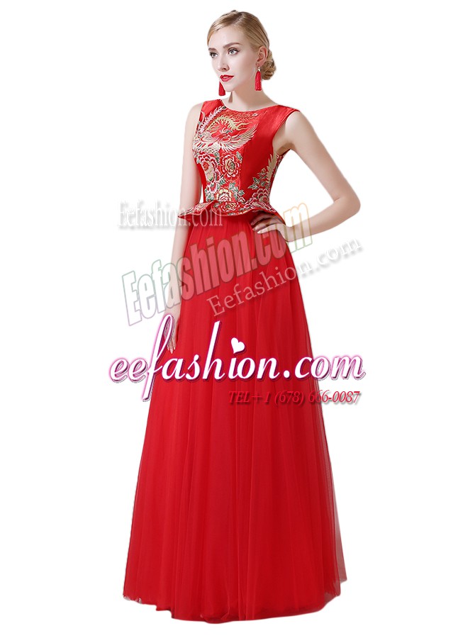  Red Tulle Zipper Scoop Sleeveless Floor Length Mother Of The Bride Dress Beading and Appliques