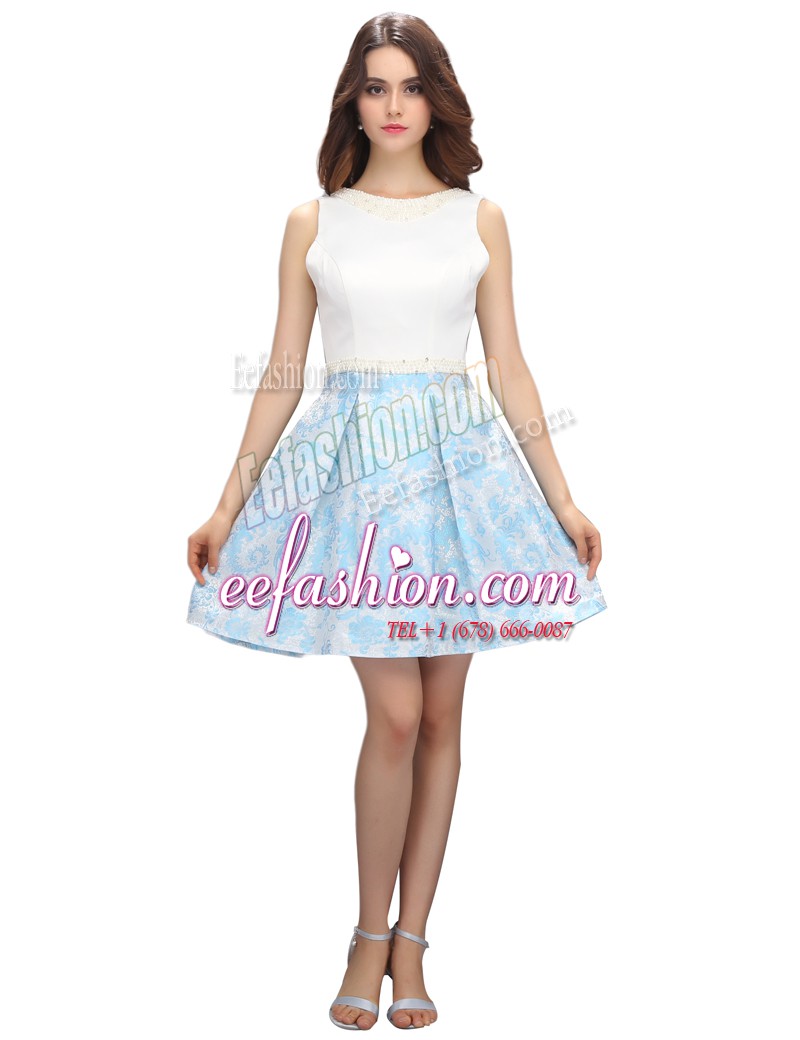 Deluxe Scoop Printed White Sleeveless Mini Length Beading and Pattern Zipper Cocktail Dresses