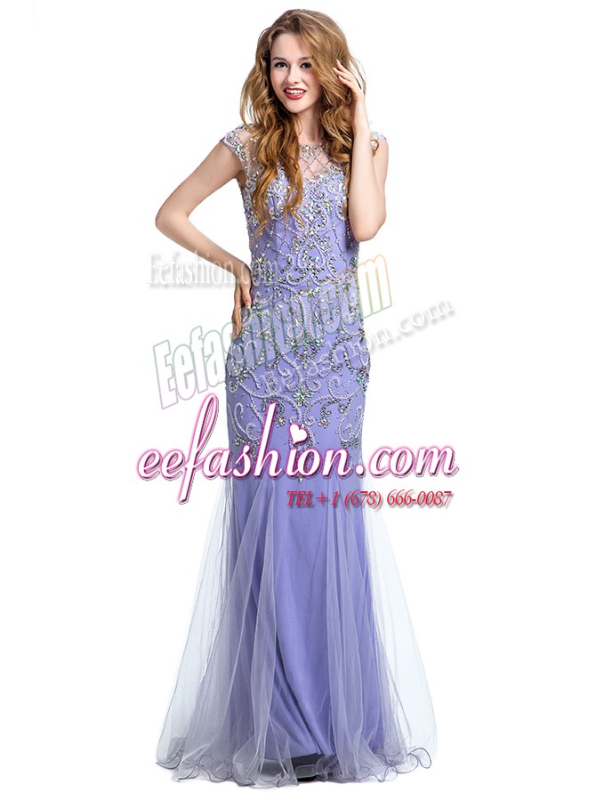  Mermaid Scoop Cap Sleeves Floor Length Beading Side Zipper Homecoming Dress with Lavender