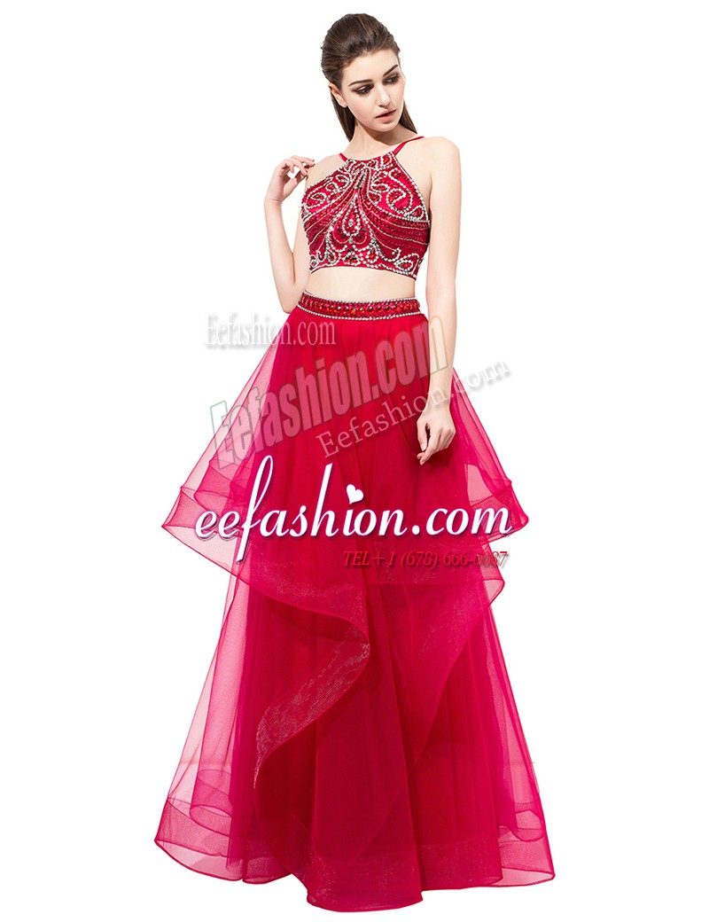 Red Organza Zipper High-neck Sleeveless Floor Length Prom Gown Beading