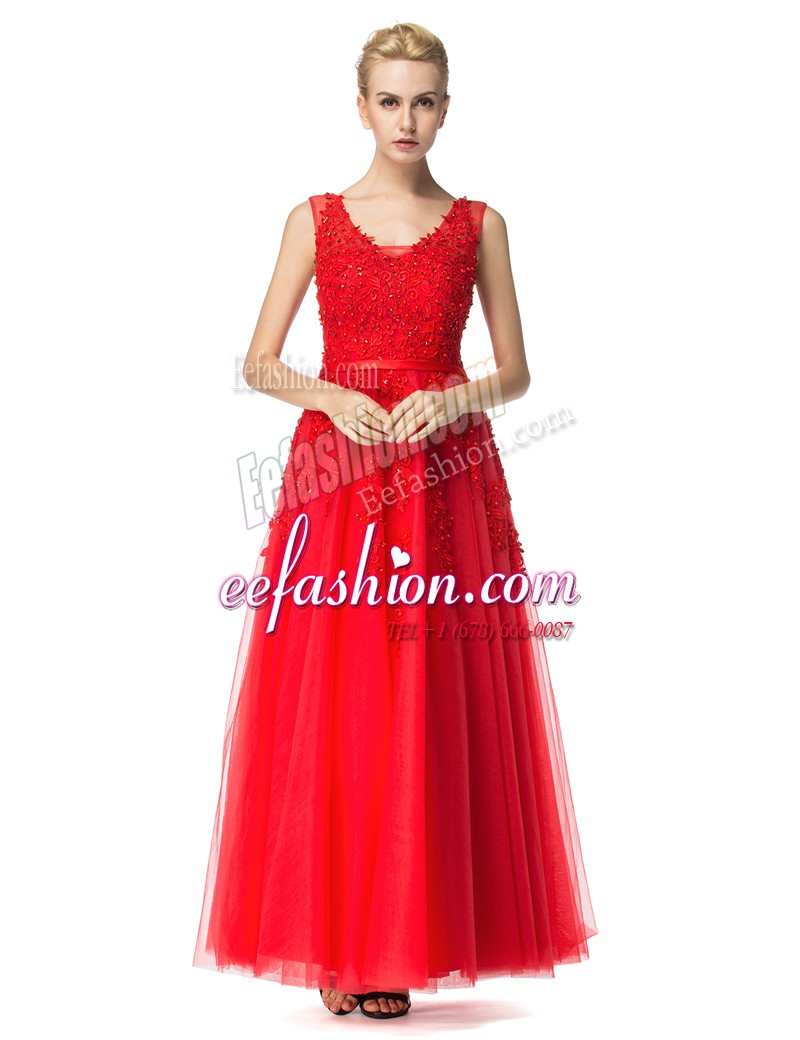 Noble Sleeveless Tulle Floor Length Lace Up Dress for Prom in Red with Beading and Appliques