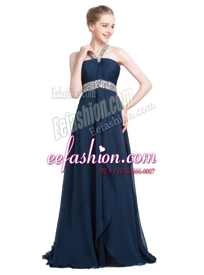  Strapless Sleeveless Prom Gown Floor Length Beading Blue Chiffon