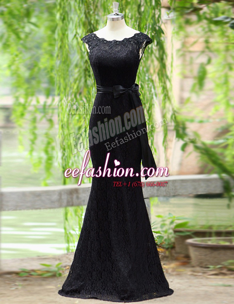  Mermaid Scoop Black Lace Zipper Prom Evening Gown Sleeveless Floor Length Lace