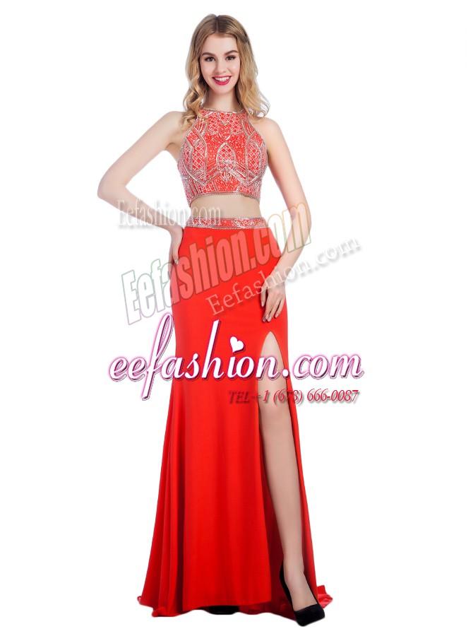  High-neck Sleeveless Prom Party Dress With Train Sweep Train Beading Coral Red Chiffon