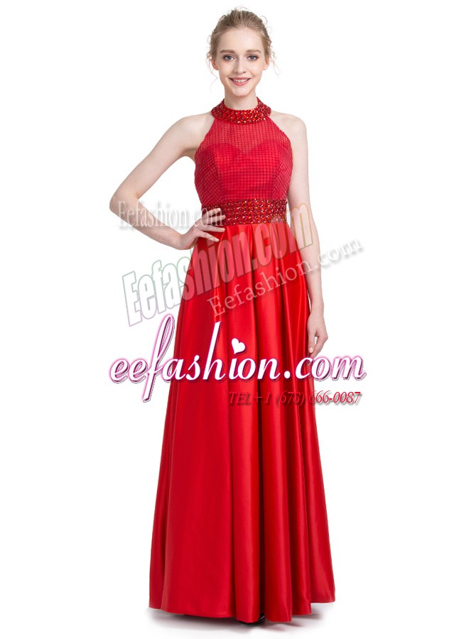 Elegant Red Taffeta Zipper Halter Top Sleeveless Floor Length Mother Of The Bride Dress Beading