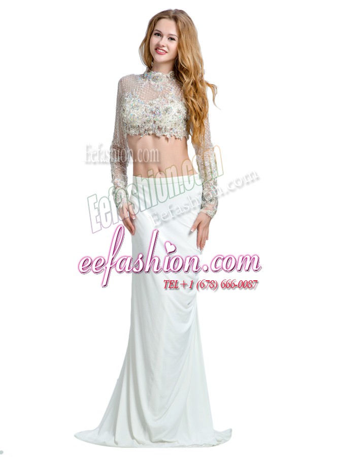  High-neck Long Sleeves Chiffon Beading and Lace and Appliques Brush Train Backless
