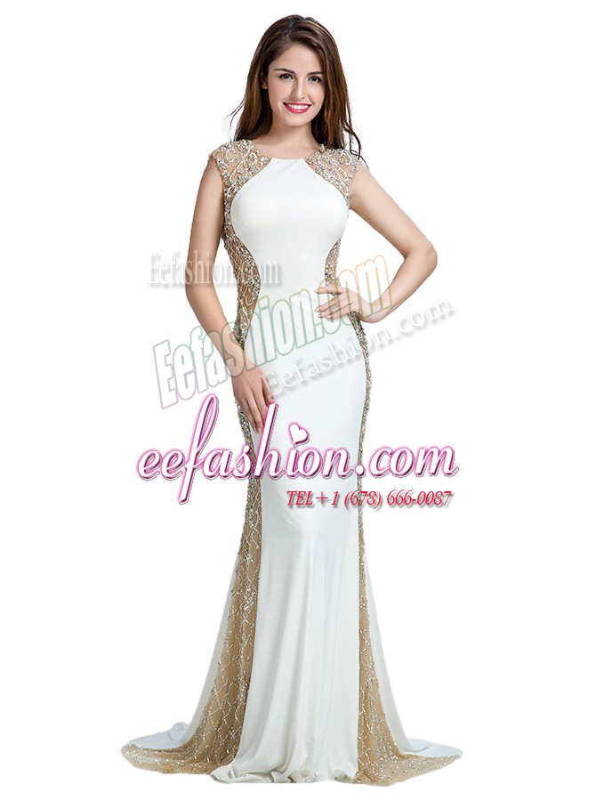 Noble Scoop Sleeveless Brush Train Backless With Train Beading Dress for Prom