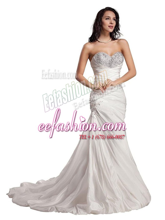Unique Sweetheart Sleeveless Sweep Train Lace Up Mother Of The Bride Dress White Taffeta