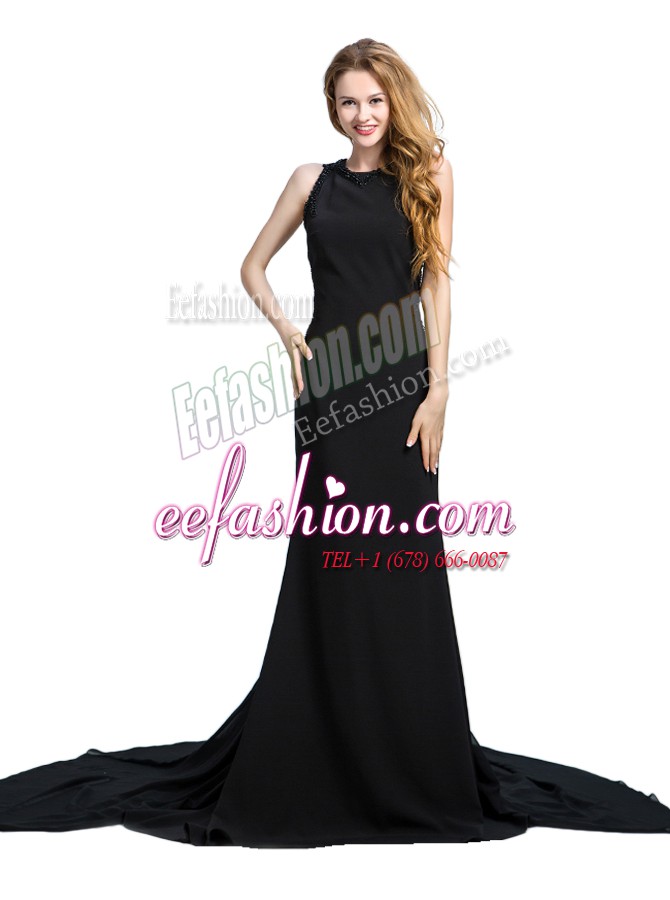 Scoop With Train Zipper Prom Party Dress Black for Prom and Party with Beading and Lace Brush Train