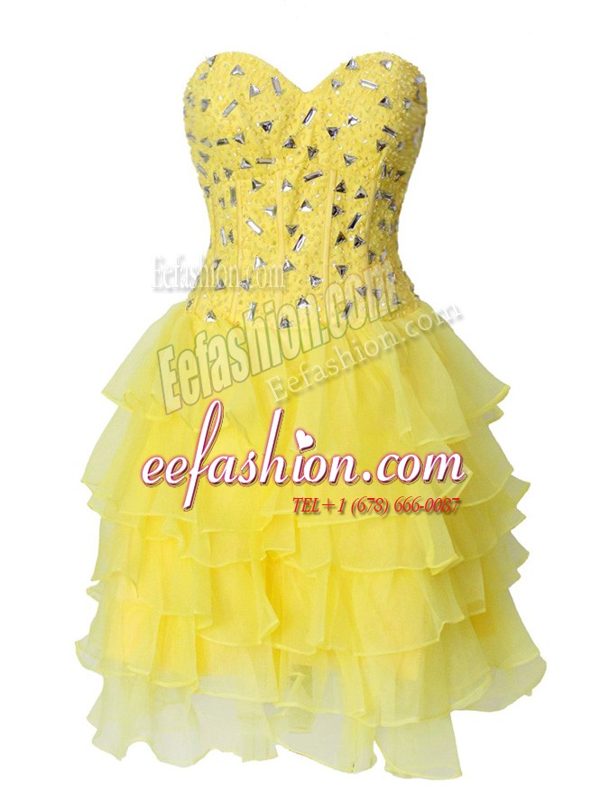 Excellent Yellow Chiffon Zipper Prom Dress Sleeveless Mini Length Beading and Ruffled Layers